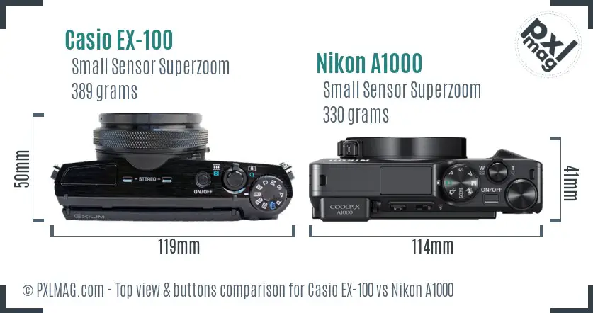 Casio EX-100 vs Nikon A1000 top view buttons comparison