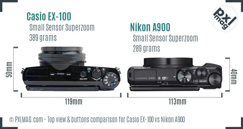 Casio EX-100 vs Nikon A900 top view buttons comparison