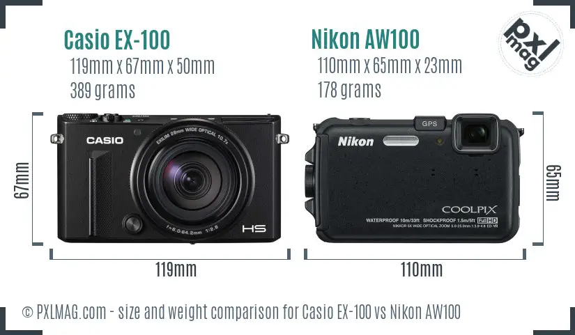 Casio EX-100 vs Nikon AW100 size comparison