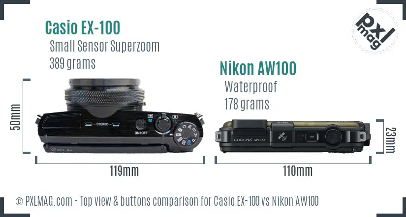 Casio EX-100 vs Nikon AW100 top view buttons comparison