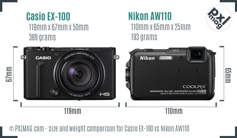 Casio EX-100 vs Nikon AW110 size comparison