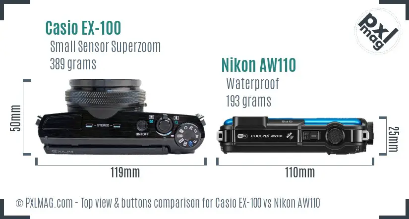Casio EX-100 vs Nikon AW110 top view buttons comparison