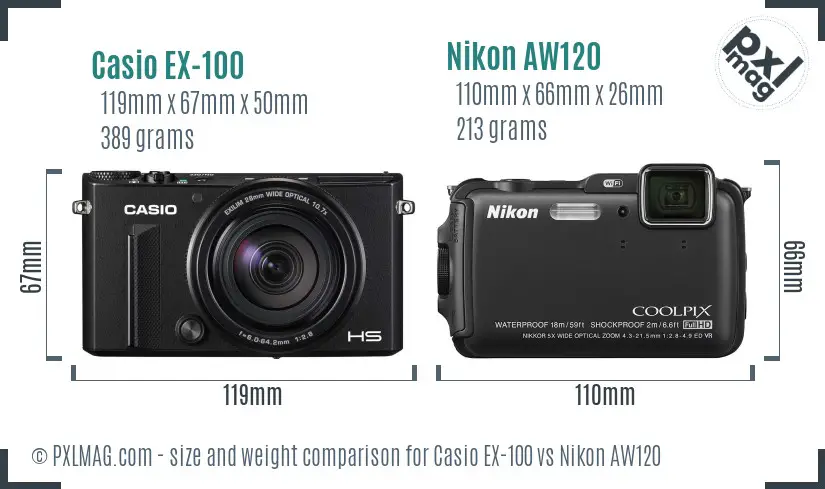 Casio EX-100 vs Nikon AW120 size comparison