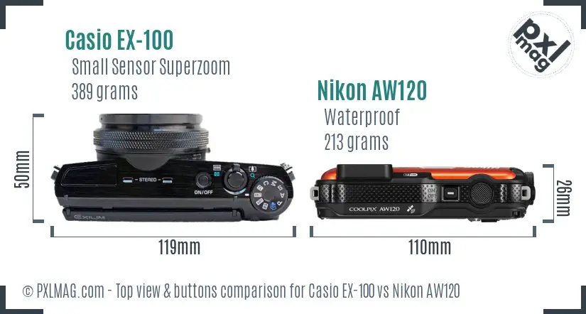 Casio EX-100 vs Nikon AW120 top view buttons comparison