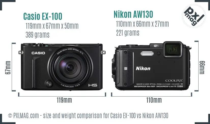 Casio EX-100 vs Nikon AW130 size comparison Casio EX-100 vs Nikon AW130 size comparison