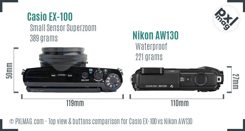 Casio EX-100 vs Nikon AW130 top view buttons comparison Casio EX-100 vs Nikon AW130 top view buttons comparison