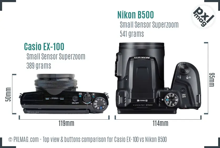 Casio EX-100 vs Nikon B500 top view buttons comparison