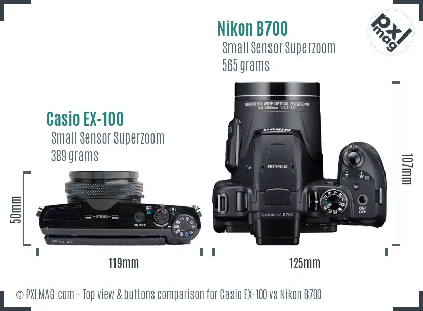 Casio EX-100 vs Nikon B700 top view buttons comparison Casio EX-100 vs Nikon B700 top view buttons comparison
