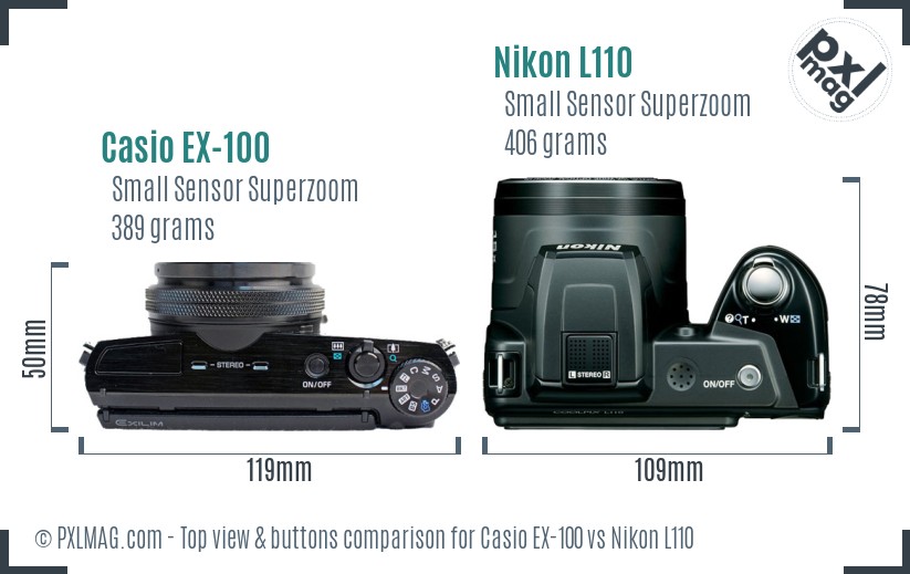 Casio EX-100 vs Nikon L110 top view buttons comparison