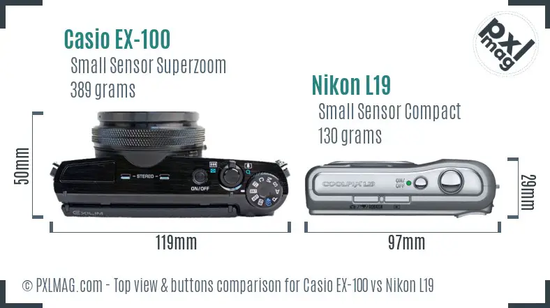 Casio EX-100 vs Nikon L19 top view buttons comparison Casio EX-100 vs Nikon L19 top view buttons comparison