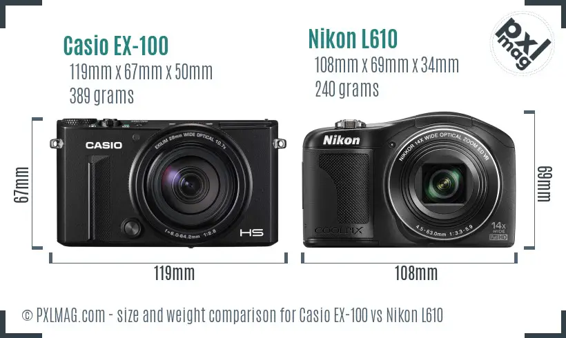 Casio EX-100 vs Nikon L610 size comparison