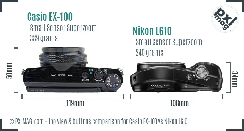 Casio EX-100 vs Nikon L610 top view buttons comparison