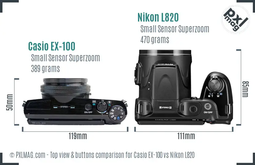 Casio EX-100 vs Nikon L820 top view buttons comparison Casio EX-100 vs Nikon L820 top view buttons comparison