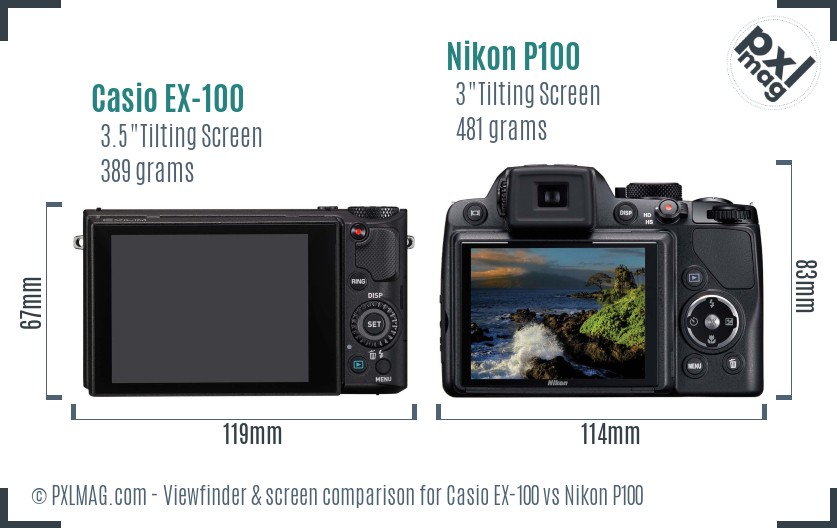 Casio EX-100 vs Nikon P100 Screen and Viewfinder comparison