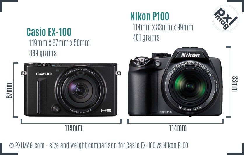 Casio EX-100 vs Nikon P100 size comparison Casio EX-100 vs Nikon P100 size comparison