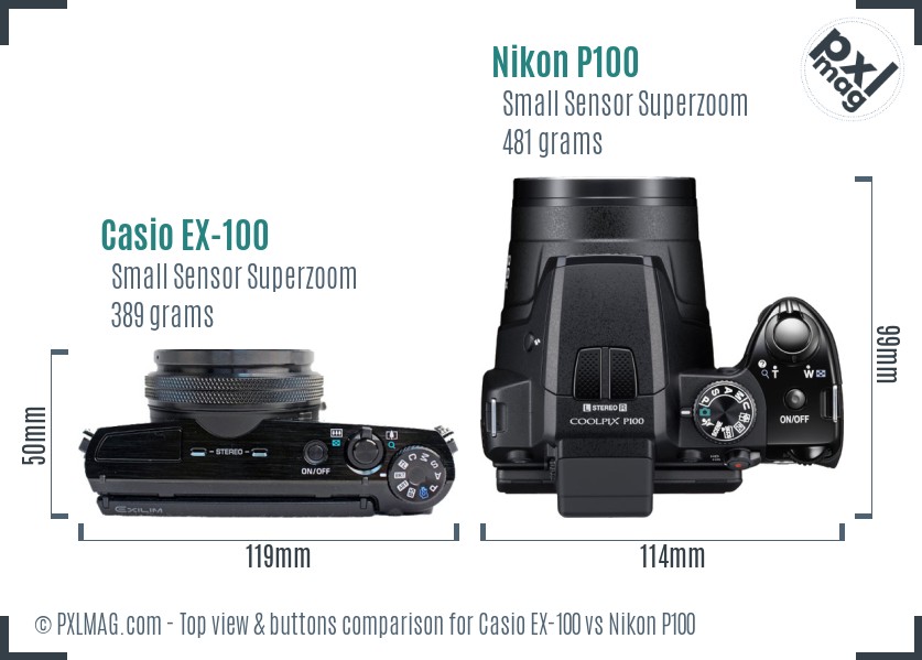 Casio EX-100 vs Nikon P100 top view buttons comparison