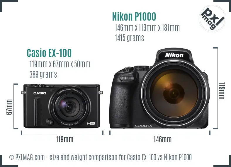 Casio EX-100 vs Nikon P1000 size comparison Casio EX-100 vs Nikon P1000 size comparison