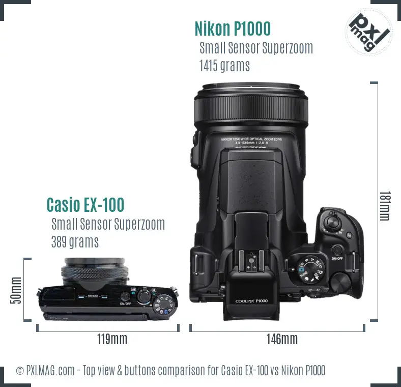 Casio EX-100 vs Nikon P1000 top view buttons comparison Casio EX-100 vs Nikon P1000 top view buttons comparison
