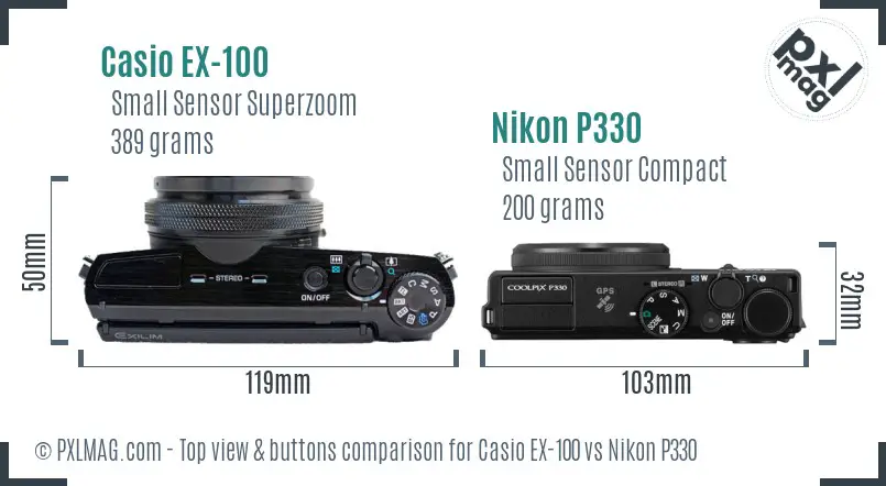 Casio EX-100 vs Nikon P330 top view buttons comparison Casio EX-100 vs Nikon P330 top view buttons comparison