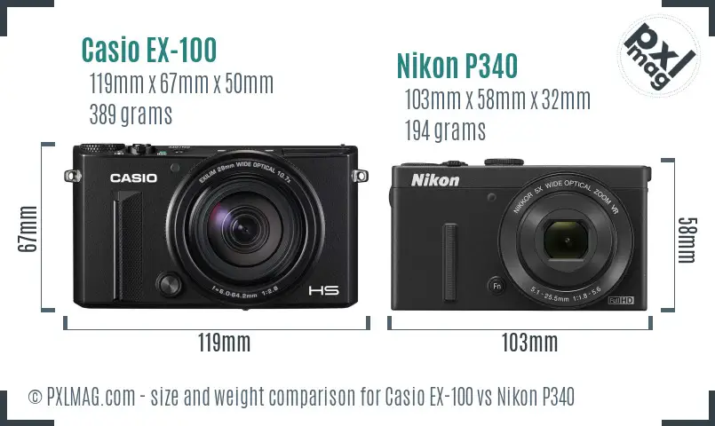 Casio EX-100 vs Nikon P340 size comparison