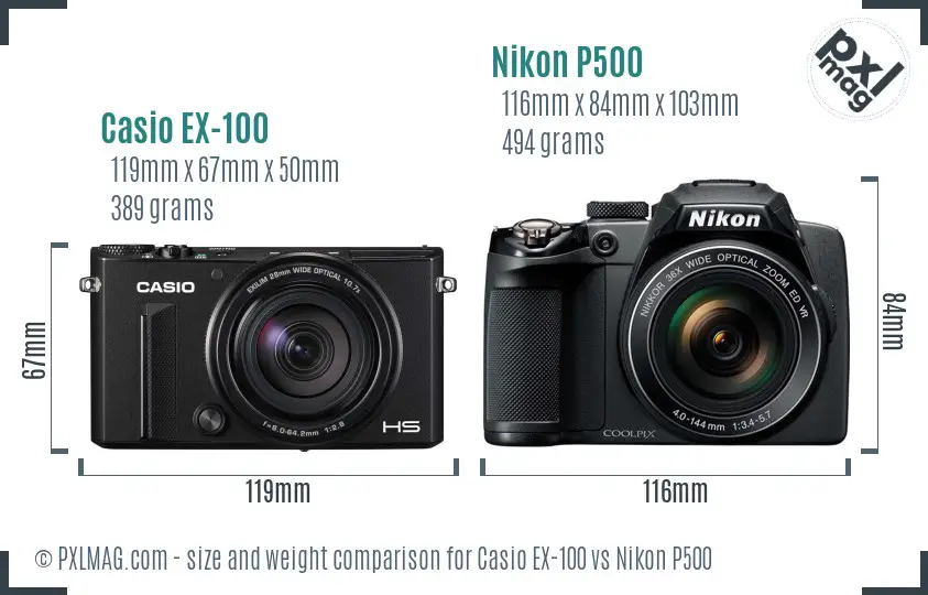 Casio EX-100 vs Nikon P500 size comparison
