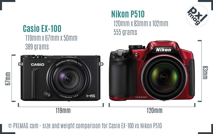 Casio EX-100 vs Nikon P510 size comparison