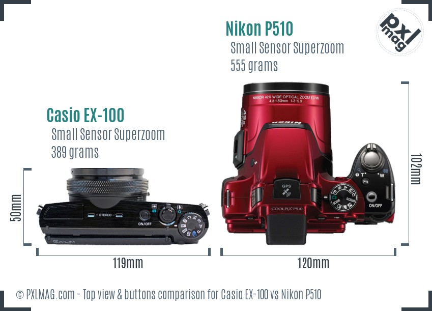 Casio EX-100 vs Nikon P510 top view buttons comparison