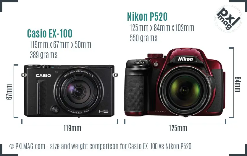 Casio EX-100 vs Nikon P520 size comparison Casio EX-100 vs Nikon P520 size comparison