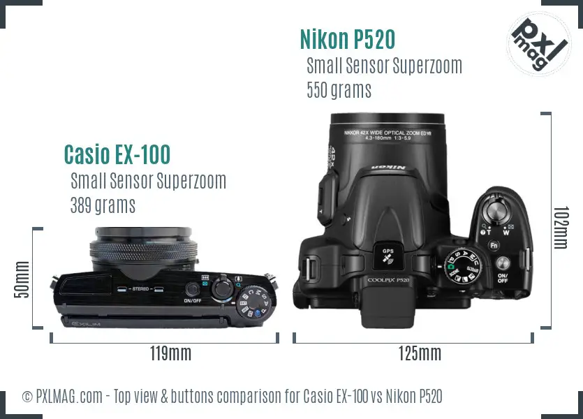 Casio EX-100 vs Nikon P520 top view buttons comparison Casio EX-100 vs Nikon P520 top view buttons comparison