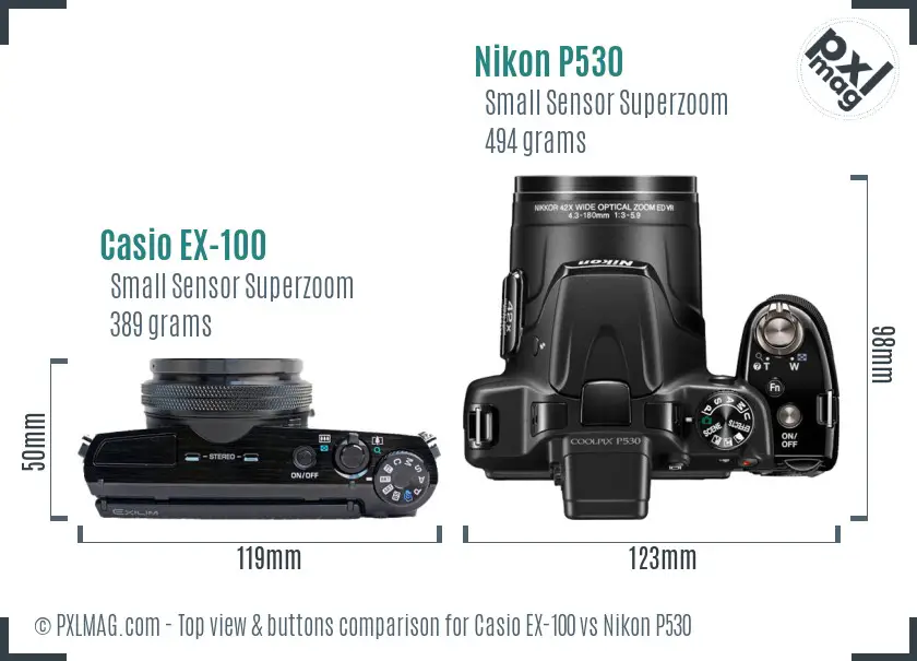 Casio EX-100 vs Nikon P530 top view buttons comparison