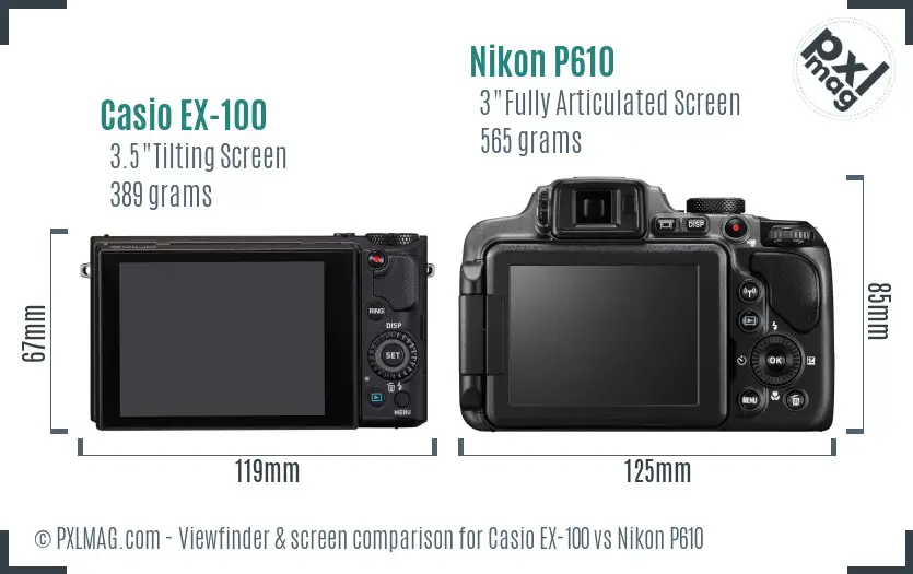 Casio EX-100 vs Nikon P610 Screen and Viewfinder comparison