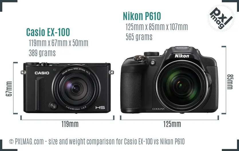 Casio EX-100 vs Nikon P610 size comparison