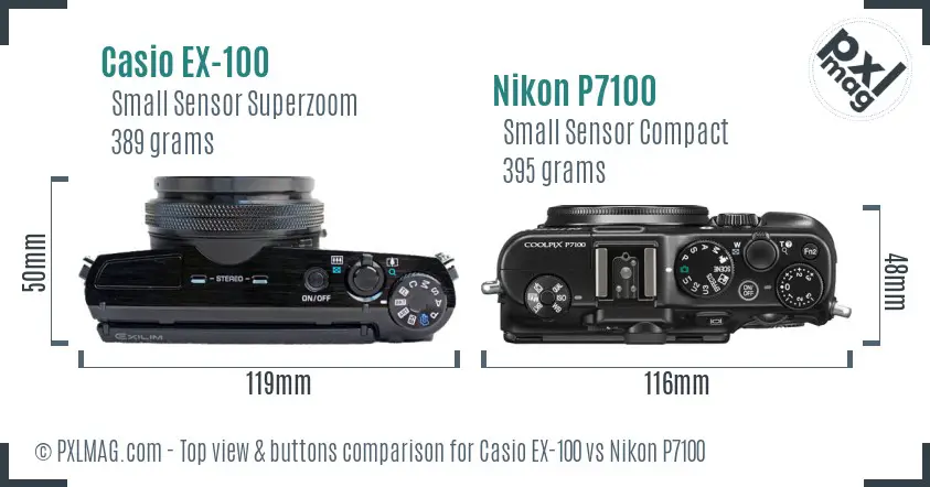 Casio EX-100 vs Nikon P7100 top view buttons comparison Casio EX-100 vs Nikon P7100 top view buttons comparison