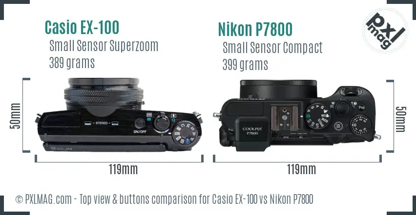 Casio EX-100 vs Nikon P7800 top view buttons comparison