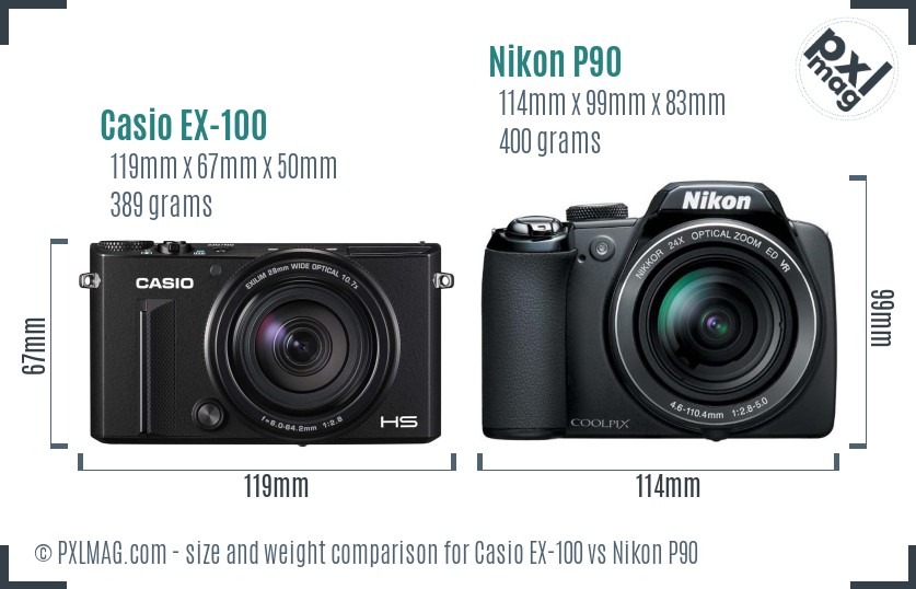 Casio EX-100 vs Nikon P90 size comparison