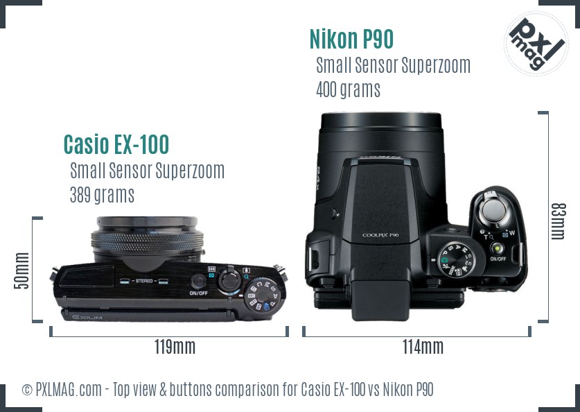 Casio EX-100 vs Nikon P90 top view buttons comparison