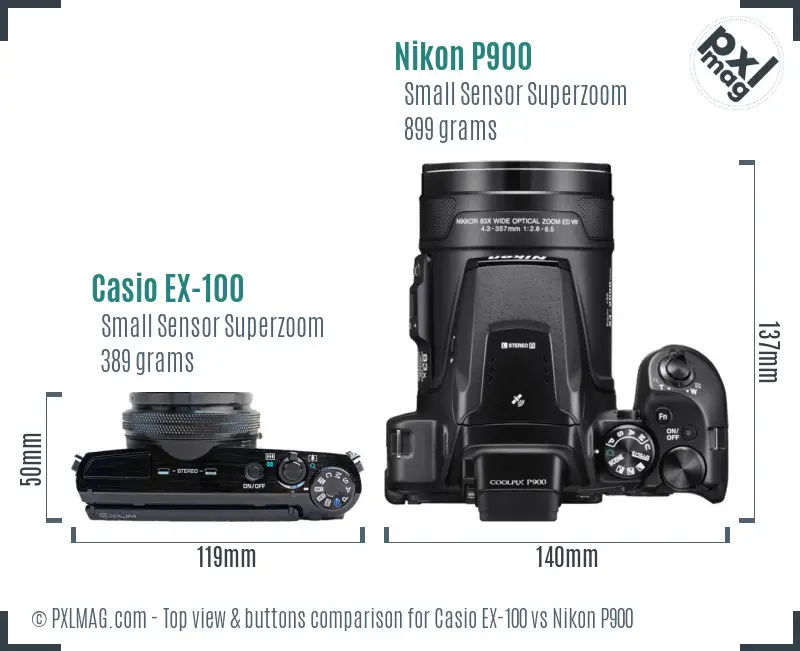 Casio EX-100 vs Nikon P900 top view buttons comparison