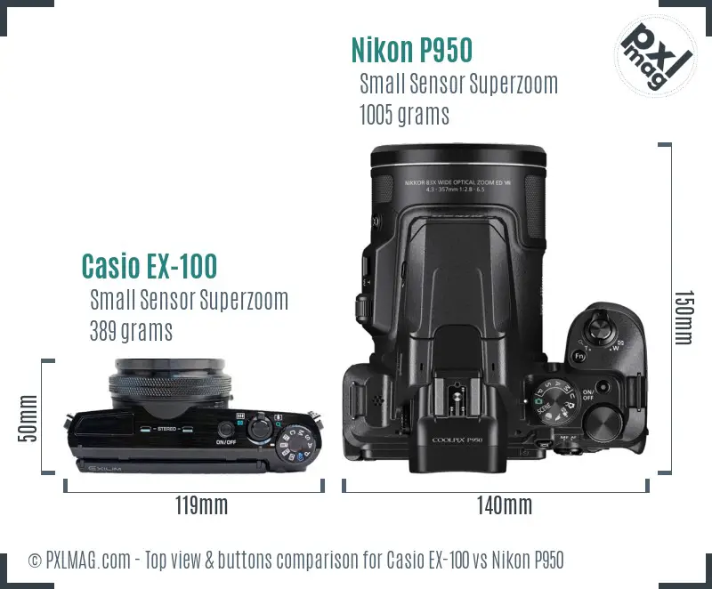 Casio EX-100 vs Nikon P950 top view buttons comparison