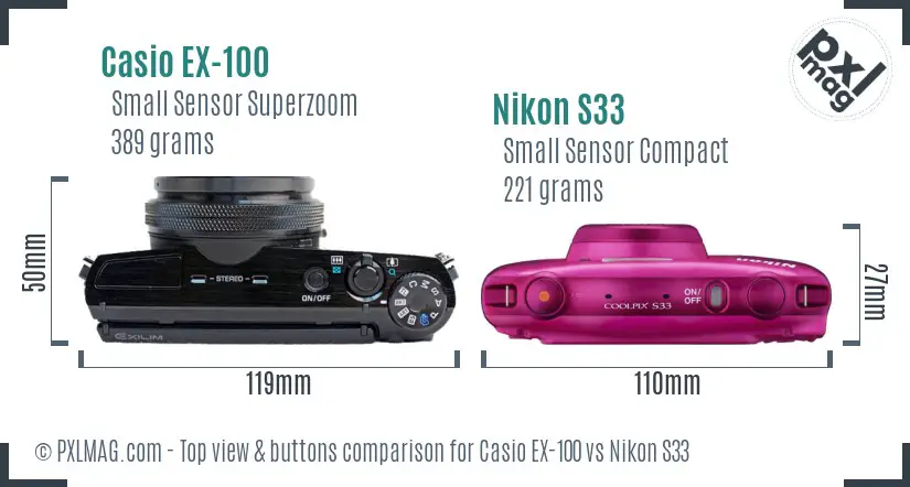 Casio EX-100 vs Nikon S33 top view buttons comparison