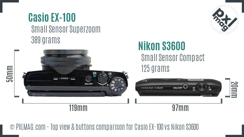 Casio EX-100 vs Nikon S3600 top view buttons comparison Casio EX-100 vs Nikon S3600 top view buttons comparison