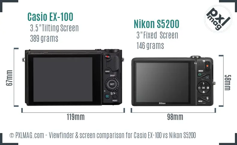 Casio EX-100 vs Nikon S5200 Screen and Viewfinder comparison