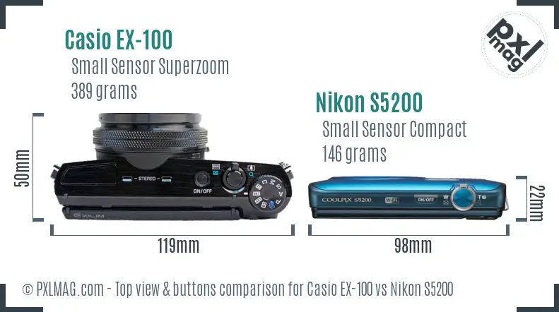 Casio EX-100 vs Nikon S5200 top view buttons comparison