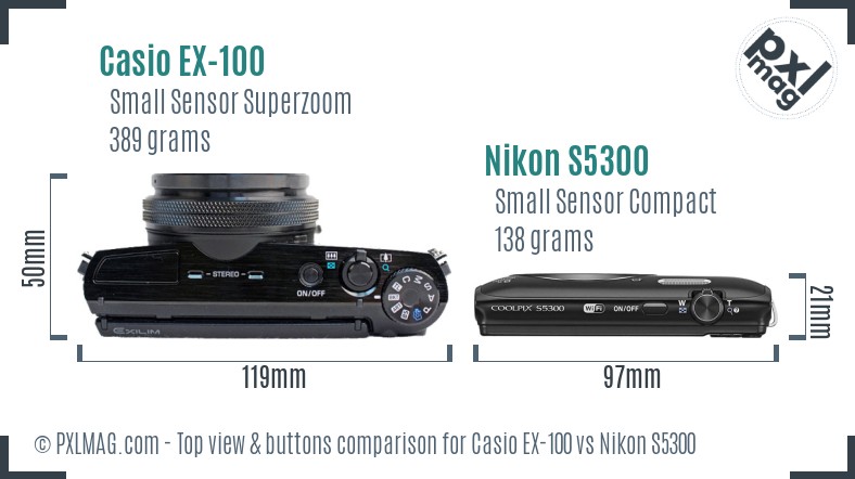 Casio EX-100 vs Nikon S5300 top view buttons comparison