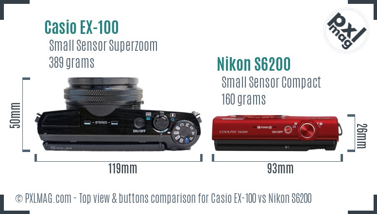 Casio EX-100 vs Nikon S6200 top view buttons comparison