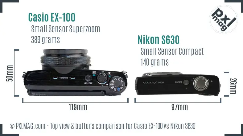 Casio EX-100 vs Nikon S630 top view buttons comparison Casio EX-100 vs Nikon S630 top view buttons comparison