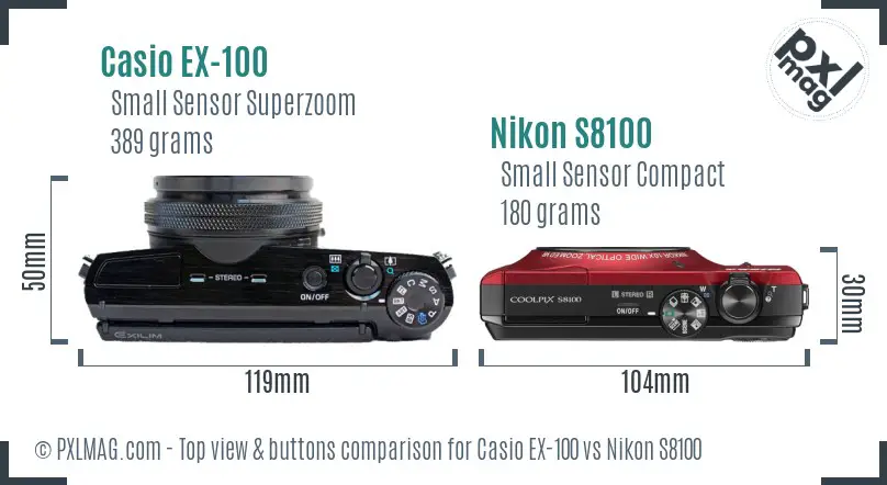 Casio EX-100 vs Nikon S8100 top view buttons comparison
