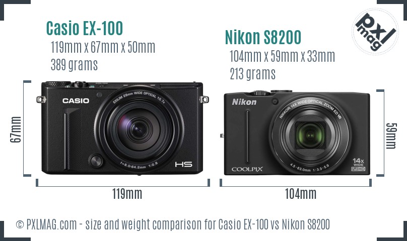 Casio EX-100 vs Nikon S8200 size comparison
