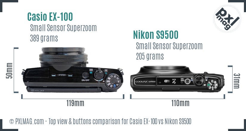 Casio EX-100 vs Nikon S9500 top view buttons comparison