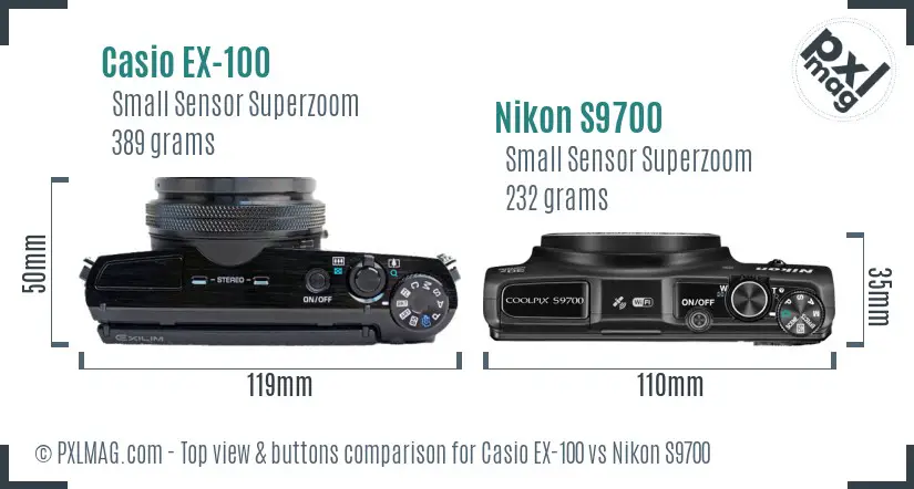 Casio EX-100 vs Nikon S9700 top view buttons comparison