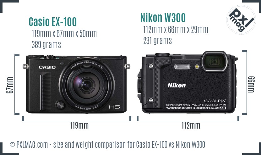 Casio EX-100 vs Nikon W300 size comparison Casio EX-100 vs Nikon W300 size comparison